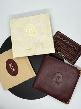 Cartier Burgundy Leather Bifold Card & Key Holder with Gold Corners